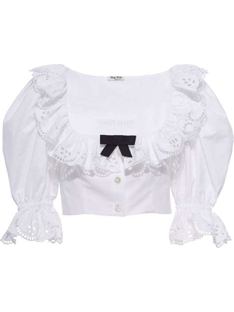 cropped puff-sleeve poplin top by miu miu|Poplin crop top White .